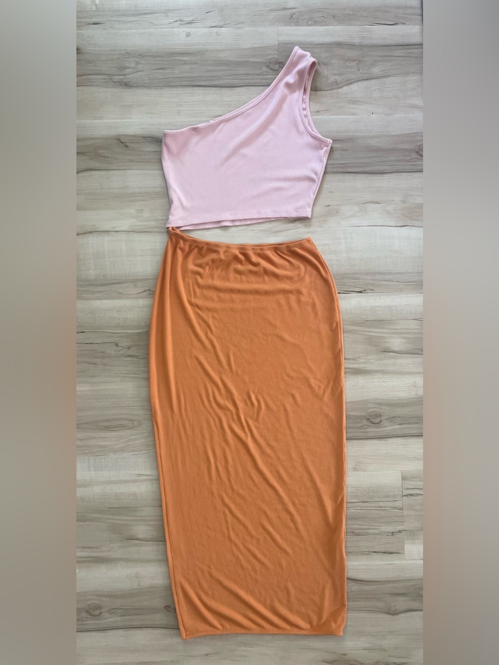 One-Shoulder Pink Crop Top & Orange Maxi Skirt Set